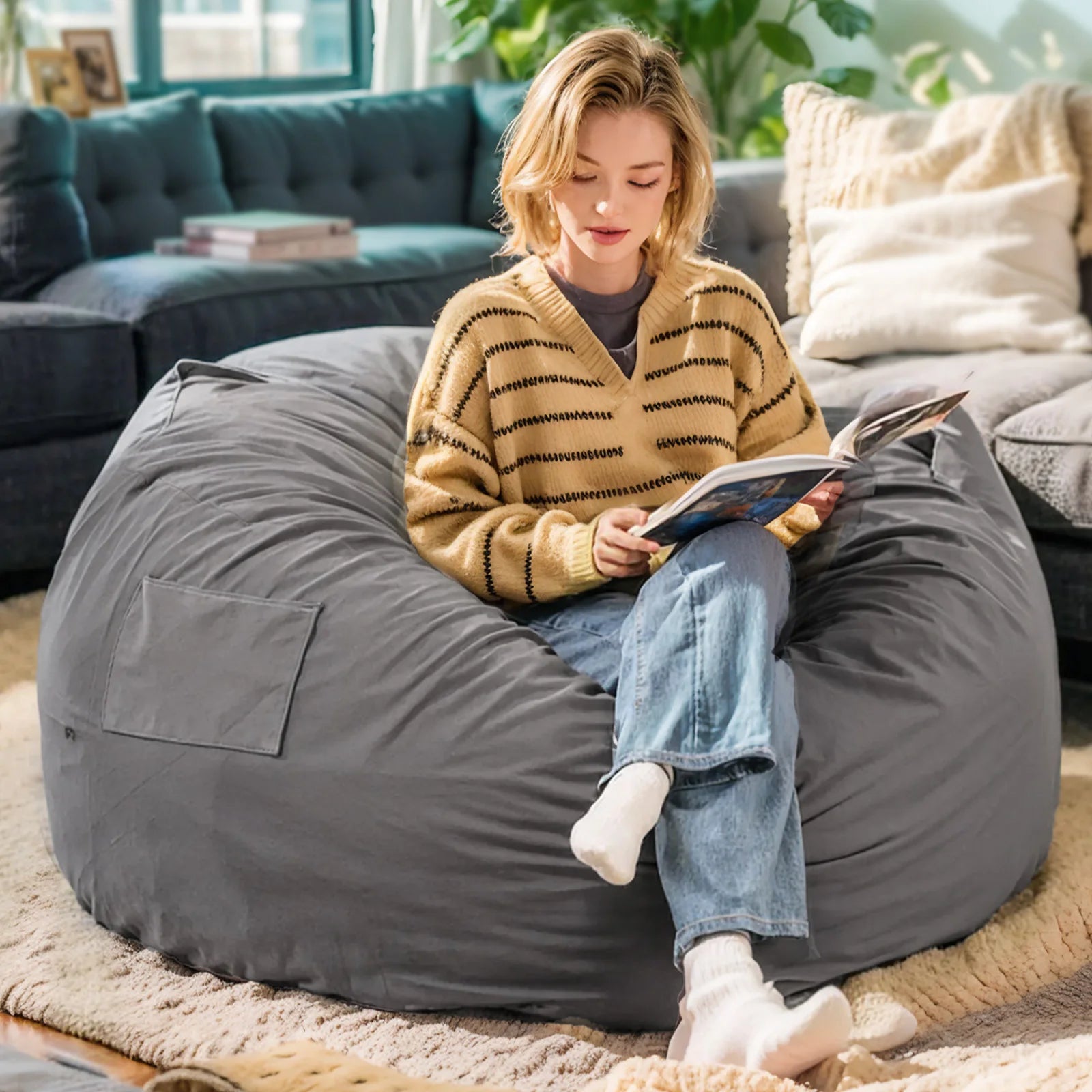 JHK Oversized 3/4FT Bean Bag Chair for Gaming Reading Lazy Sofa Foam Filled Couch with Removable Cover Living Room Furniture - Blu Lotus Boutique