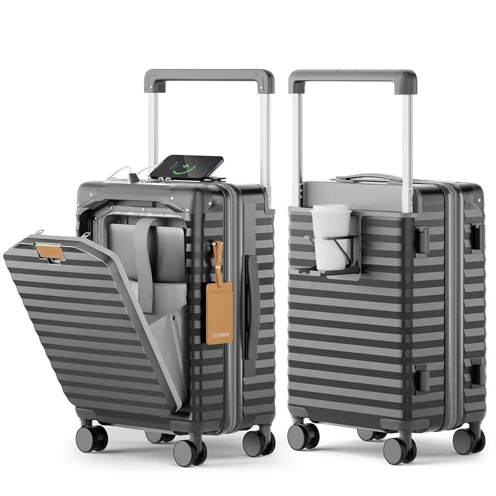 Joyway 20 inch Front Opening Carry on Luggage Suitcase 1 Piece, Cup Holder, TSA Lock, Mute Spinner Wheels, Lightweight Durable - Blu Lotus Boutique