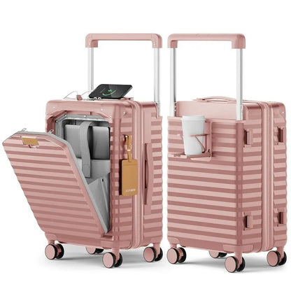 Joyway 20 inch Front Opening Carry on Luggage Suitcase 1 Piece, Cup Holder, TSA Lock, Mute Spinner Wheels, Lightweight Durable - Blu Lotus Boutique