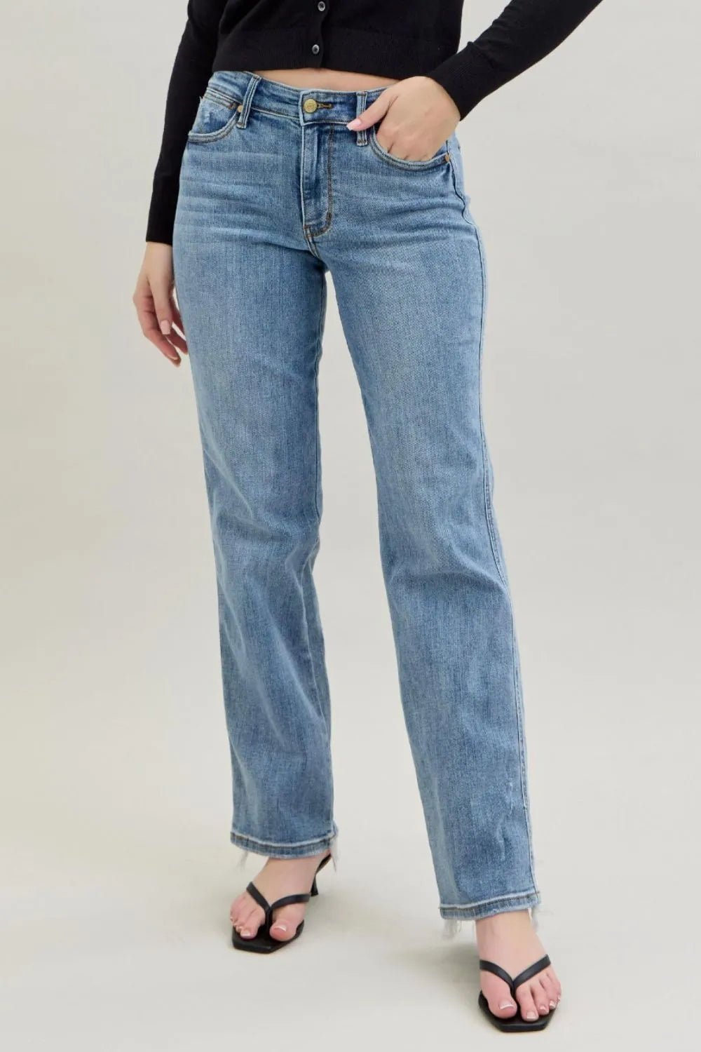 Judy Blue Frayed Hem Cell Phone Pocket Dad Jeans - Blu Lotus Boutique