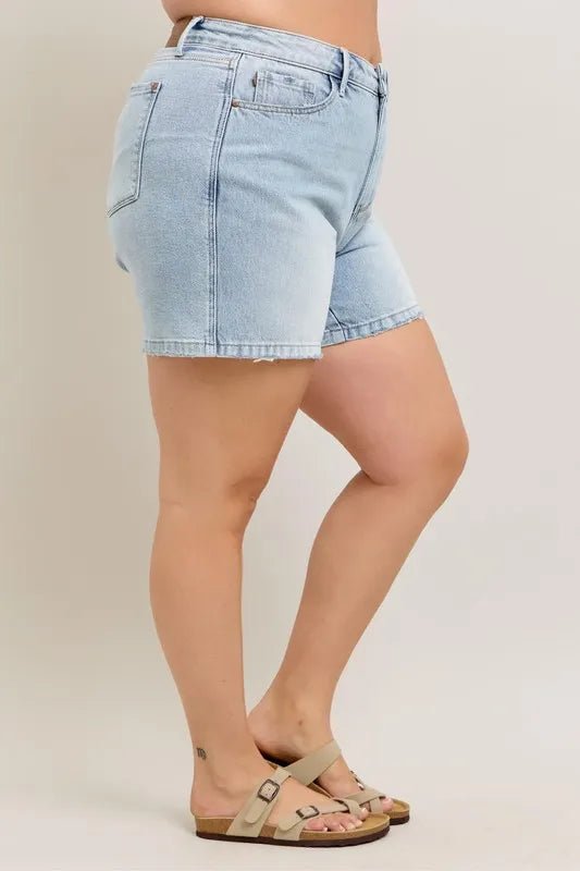 Judy Blue Full Size Frayed Hem High Rise Denim Shorts with Pockets Plus Size - Blu Lotus Boutique