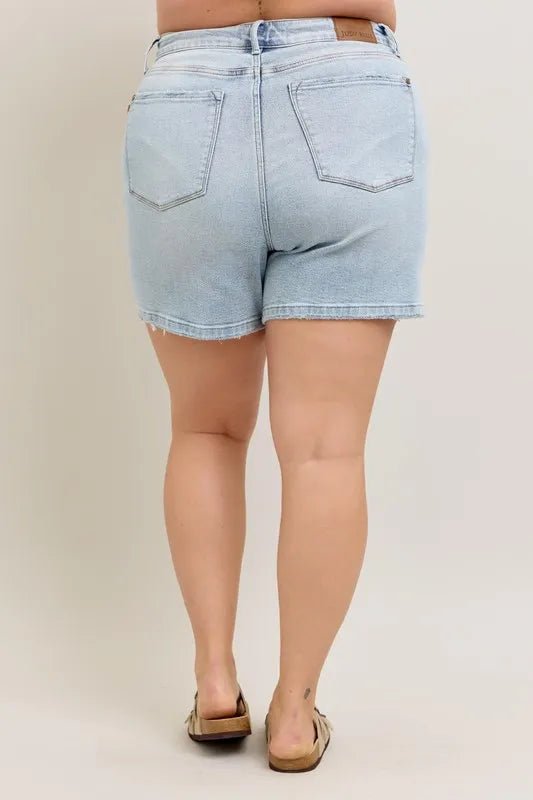 Judy Blue Full Size Frayed Hem High Rise Denim Shorts with Pockets Plus Size - Blu Lotus Boutique