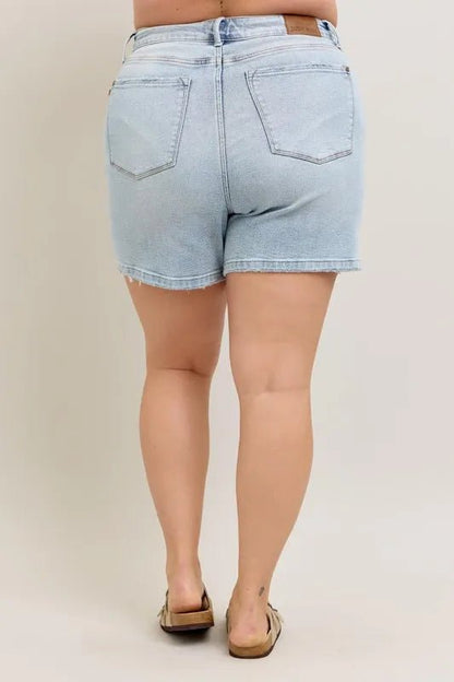 Judy Blue Full Size Frayed Hem High Rise Denim Shorts with Pockets Plus Size - Blu Lotus Boutique