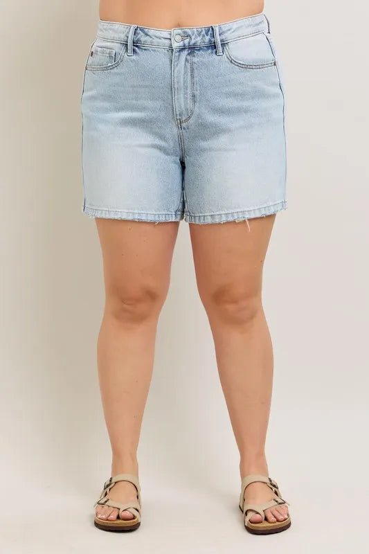 Judy Blue Full Size Frayed Hem High Rise Denim Shorts with Pockets Plus Size - Blu Lotus Boutique