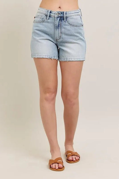 Judy Blue Full Size Frayed Hem High Rise Denim Shorts with Pockets Plus Size - Blu Lotus Boutique