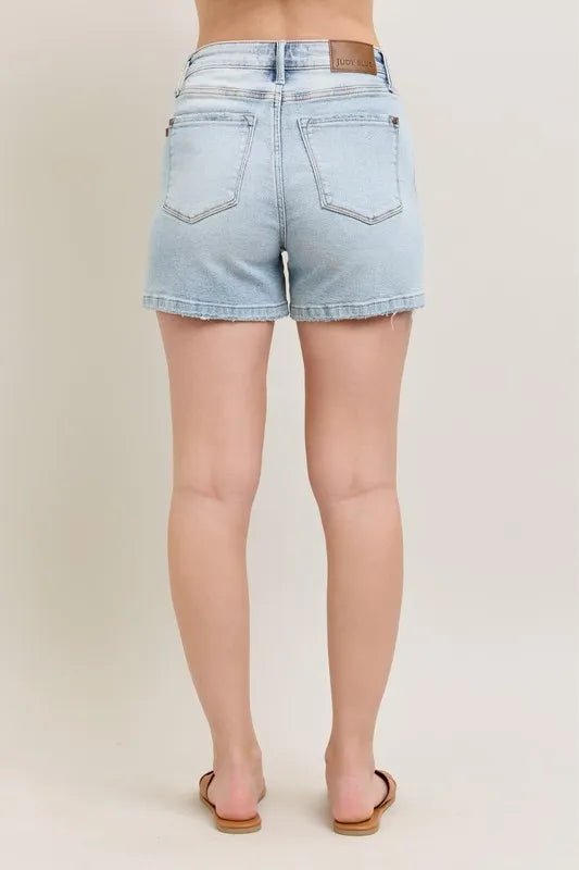 Judy Blue Full Size Frayed Hem High Rise Denim Shorts with Pockets Plus Size - Blu Lotus Boutique