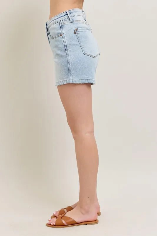 Judy Blue Full Size Frayed Hem High Rise Denim Shorts with Pockets Plus Size - Blu Lotus Boutique