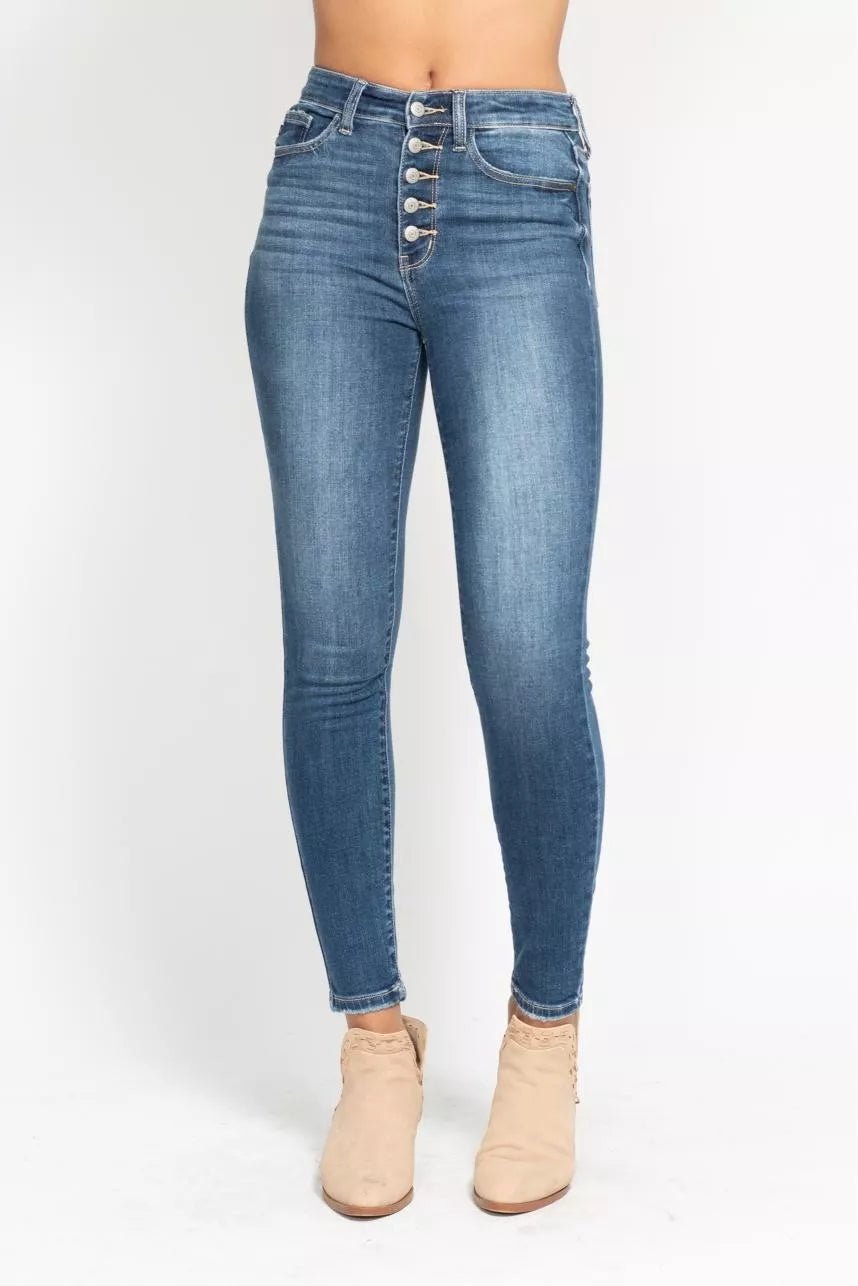 Judy Blue Full Size High Rise Button Fly Skinny Jeans Plus Size - Blu Lotus Boutique
