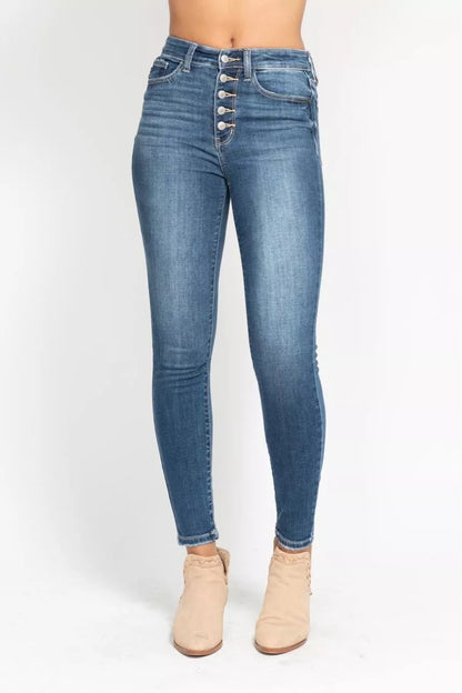 Judy Blue Full Size High Rise Button Fly Skinny Jeans Plus Size - Blu Lotus Boutique