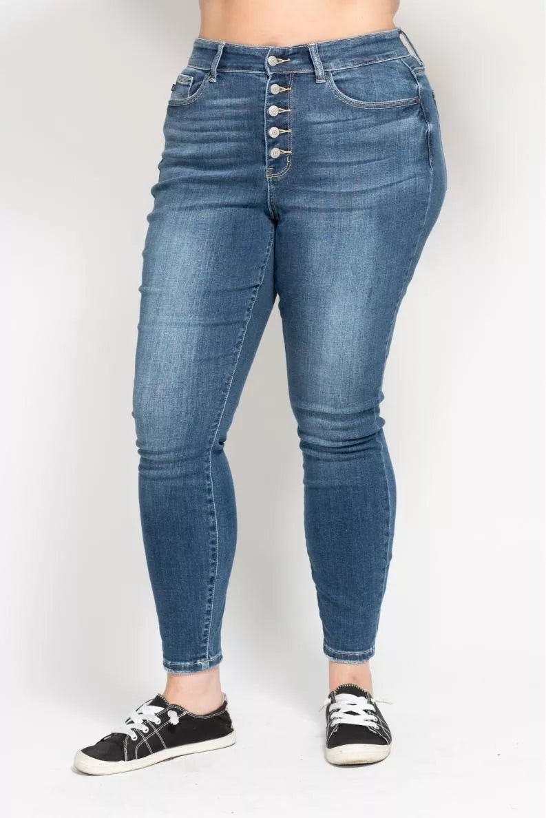 Judy Blue Full Size High Rise Button Fly Skinny Jeans Plus Size - Blu Lotus Boutique