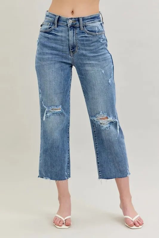Judy Blue Full Size High Waist Destroy Crop Wide Leg Jeans Plus Size - Blu Lotus Boutique