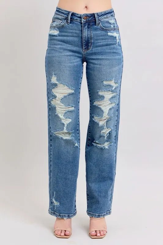 Judy Blue Full Size High Waist Heavy Destroy Straight Jeans Plus Size - Blu Lotus Boutique