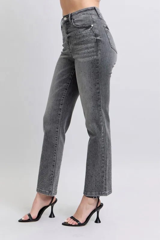 Judy Blue Full Size High Waist Rhinestone Straight Jeans Plus Size - Blu Lotus Boutique