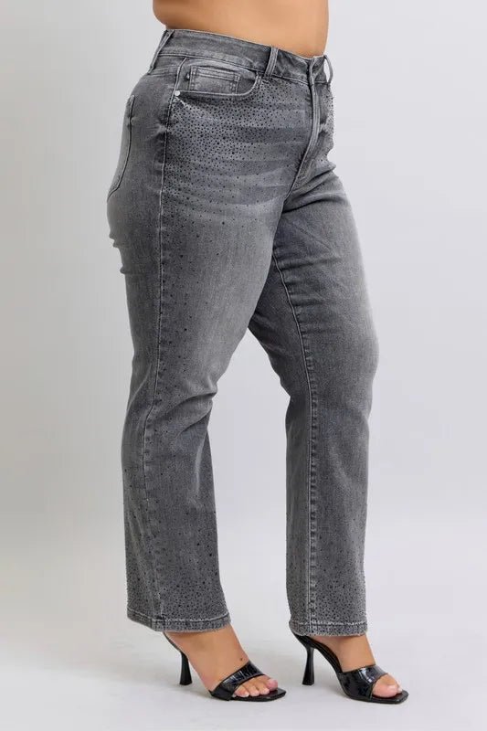 Judy Blue Full Size High Waist Rhinestone Straight Jeans Plus Size - Blu Lotus Boutique