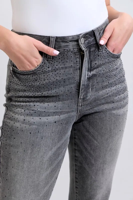 Judy Blue Full Size High Waist Rhinestone Straight Jeans Plus Size - Blu Lotus Boutique