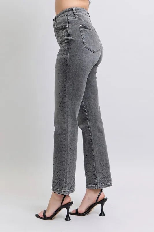 Judy Blue Full Size High Waist Rhinestone Straight Jeans Plus Size - Blu Lotus Boutique