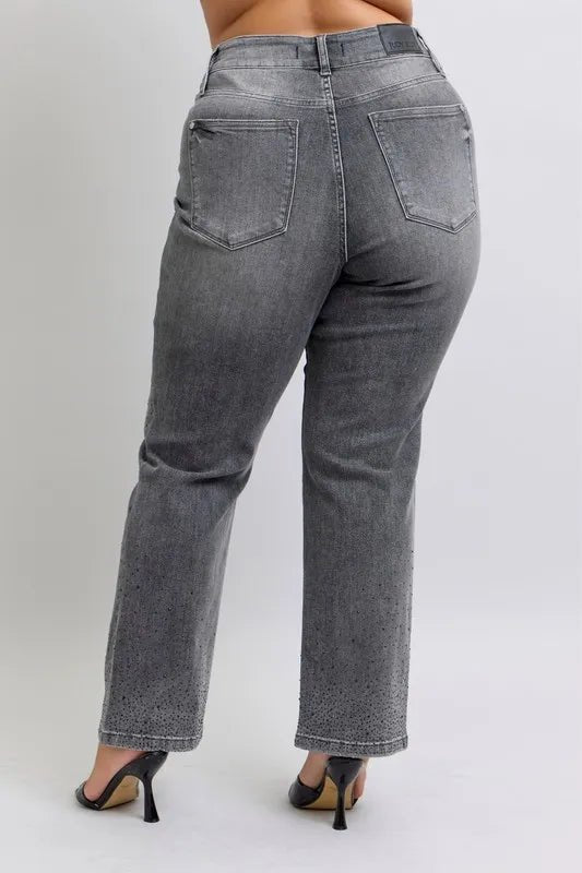 Judy Blue Full Size High Waist Rhinestone Straight Jeans Plus Size - Blu Lotus Boutique