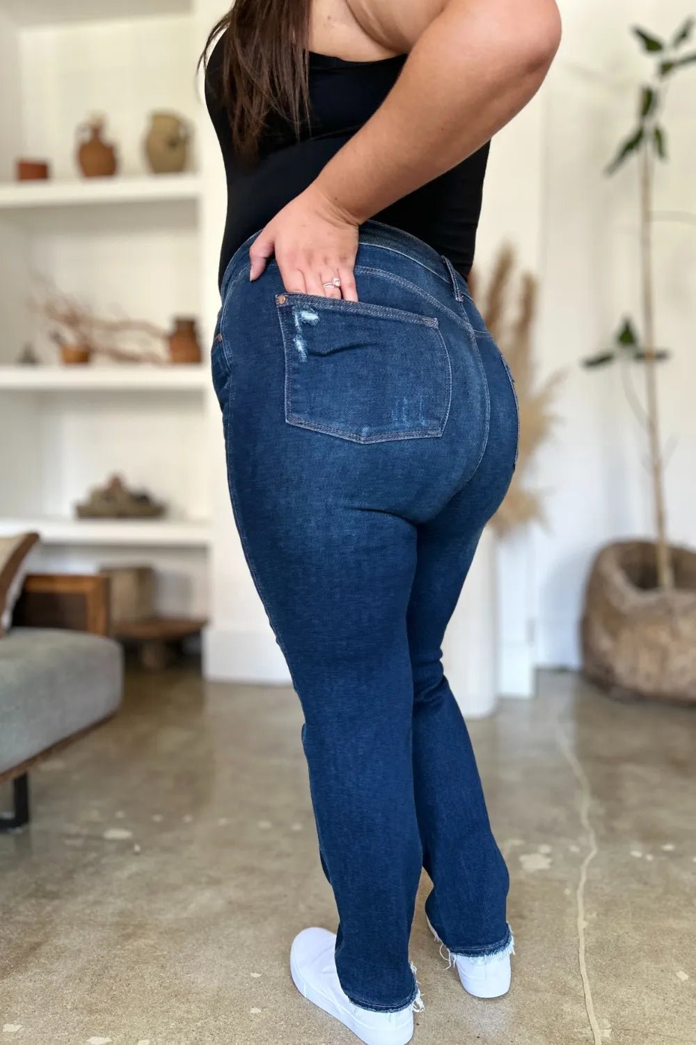 Judy Blue Full Size High Waist Rigid Magic Heavy Destroy Straight Jeans - Blu Lotus Boutique