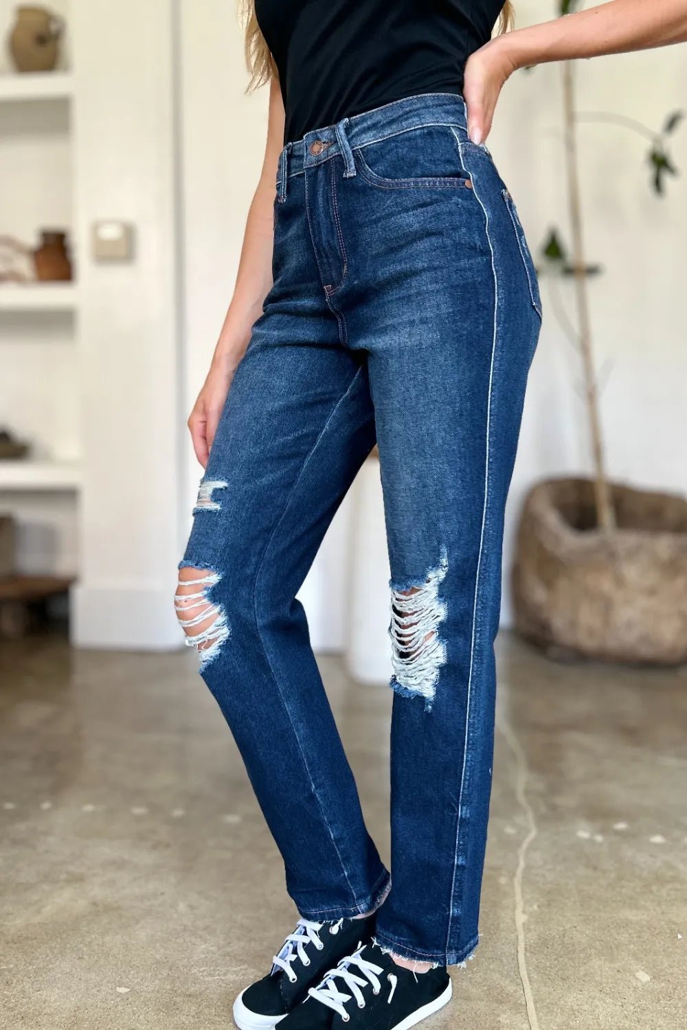 Judy Blue Full Size High Waist Rigid Magic Heavy Destroy Straight Jeans - Blu Lotus Boutique