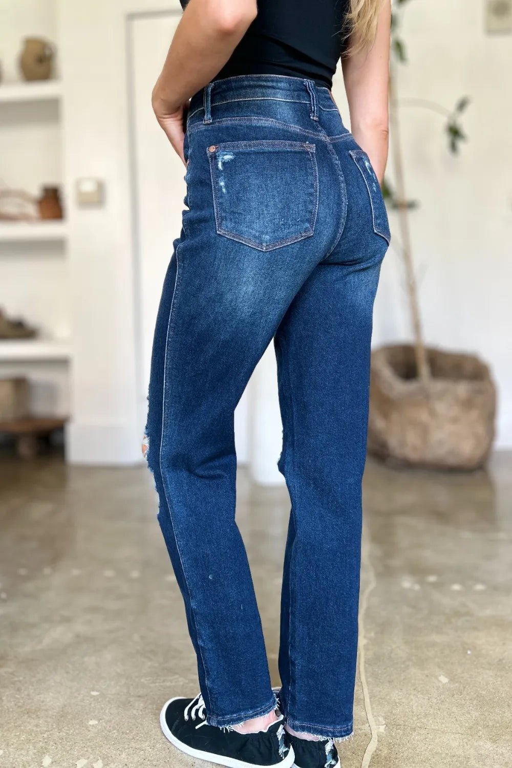 Judy Blue Full Size High Waist Rigid Magic Heavy Destroy Straight Jeans - Blu Lotus Boutique
