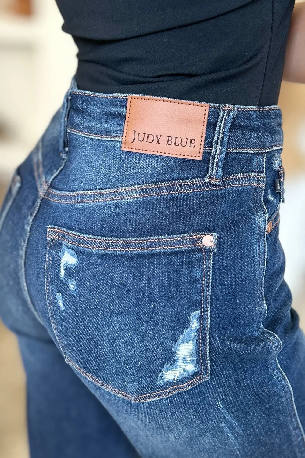 Judy Blue Full Size High Waist Rigid Magic Heavy Destroy Straight Jeans - Blu Lotus Boutique