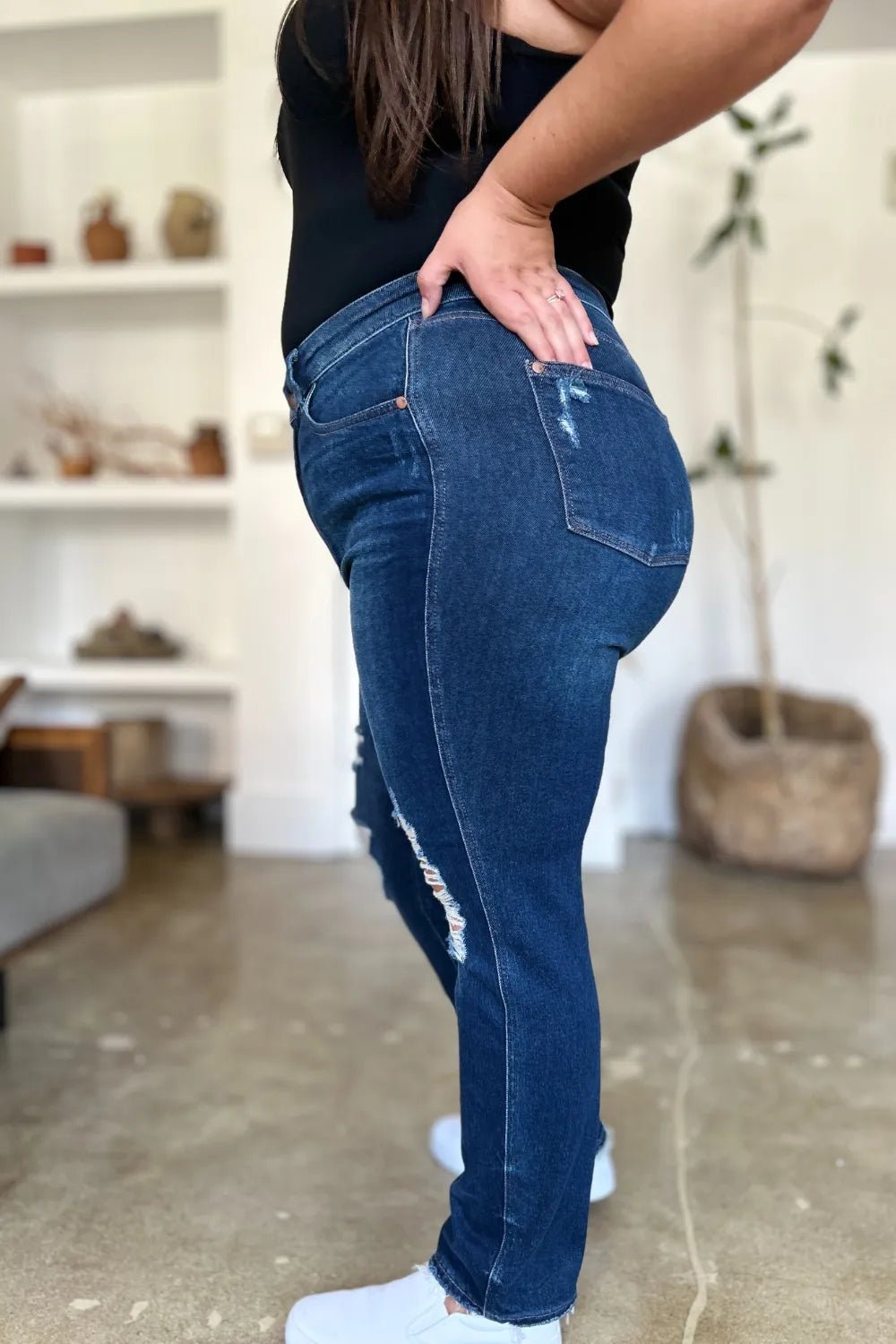 Judy Blue Full Size High Waist Rigid Magic Heavy Destroy Straight Jeans - Blu Lotus Boutique
