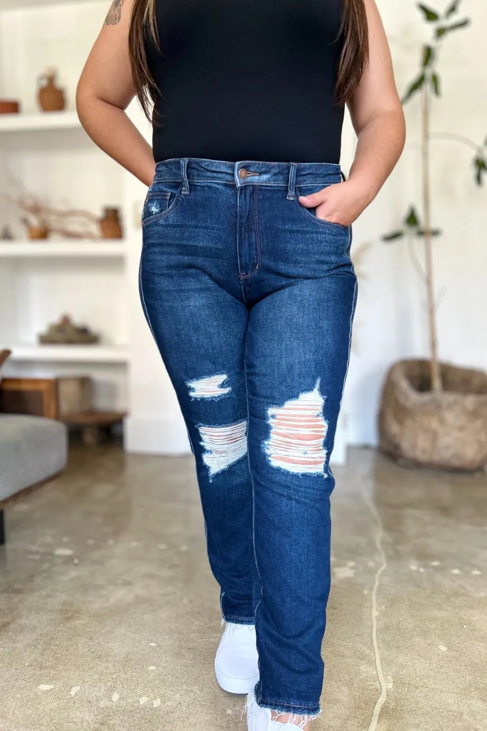 Judy Blue Full Size High Waist Rigid Magic Heavy Destroy Straight Jeans - Blu Lotus Boutique