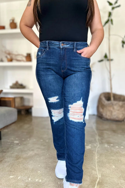 Judy Blue Full Size High Waist Rigid Magic Heavy Destroy Straight Jeans - Blu Lotus Boutique