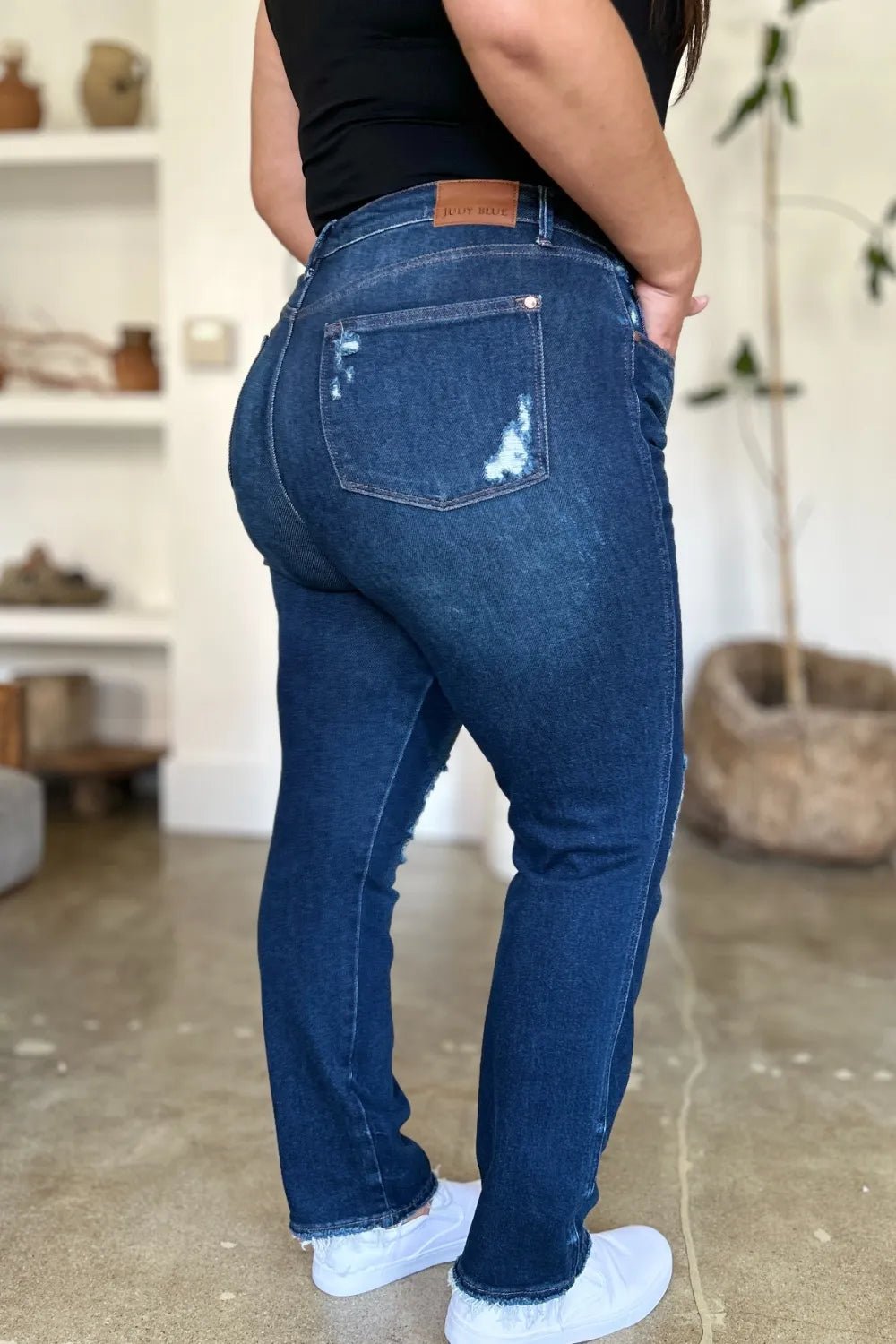 Judy Blue Full Size High Waist Rigid Magic Heavy Destroy Straight Jeans - Blu Lotus Boutique