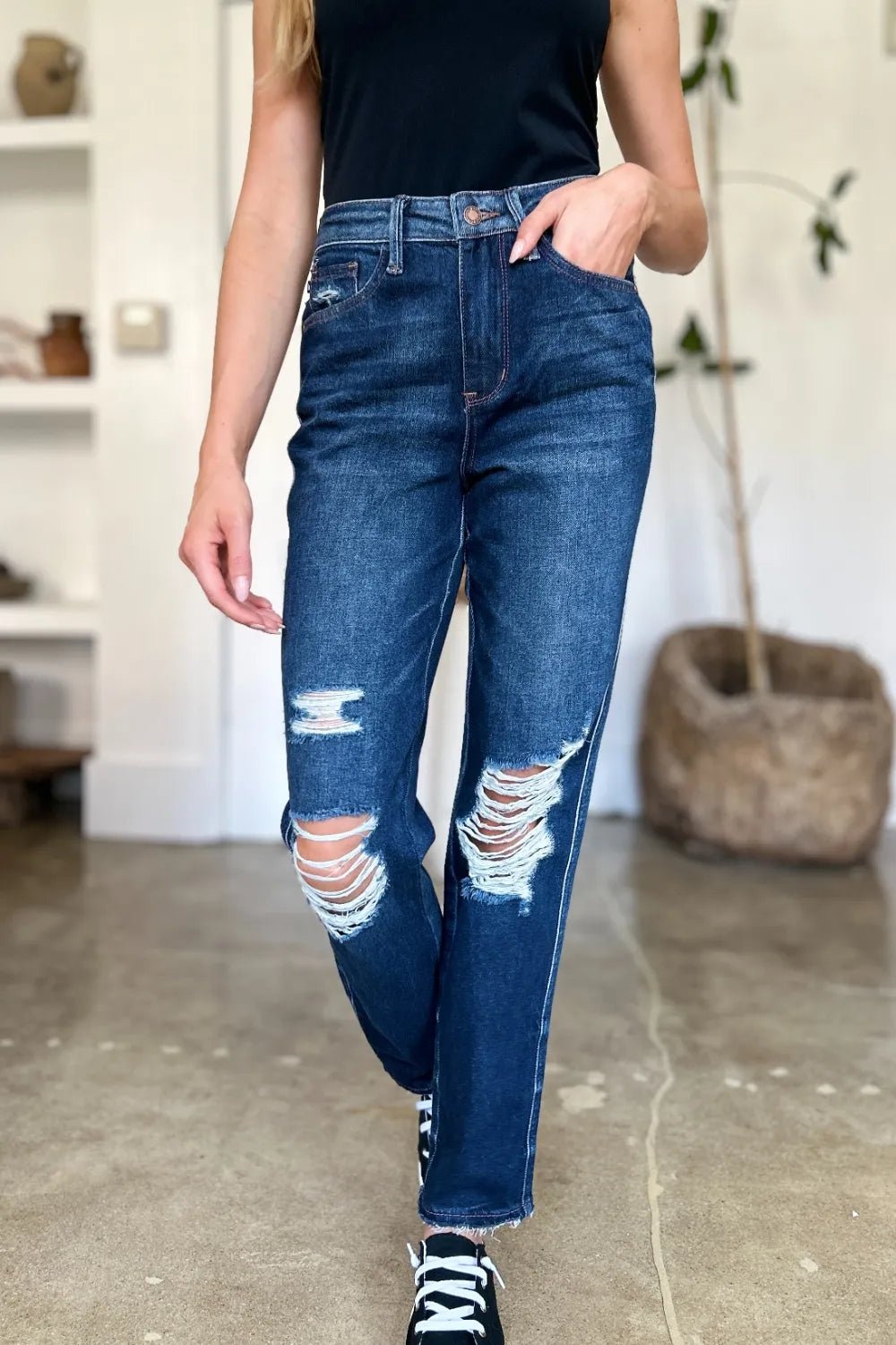 Judy Blue Full Size High Waist Rigid Magic Heavy Destroy Straight Jeans - Blu Lotus Boutique
