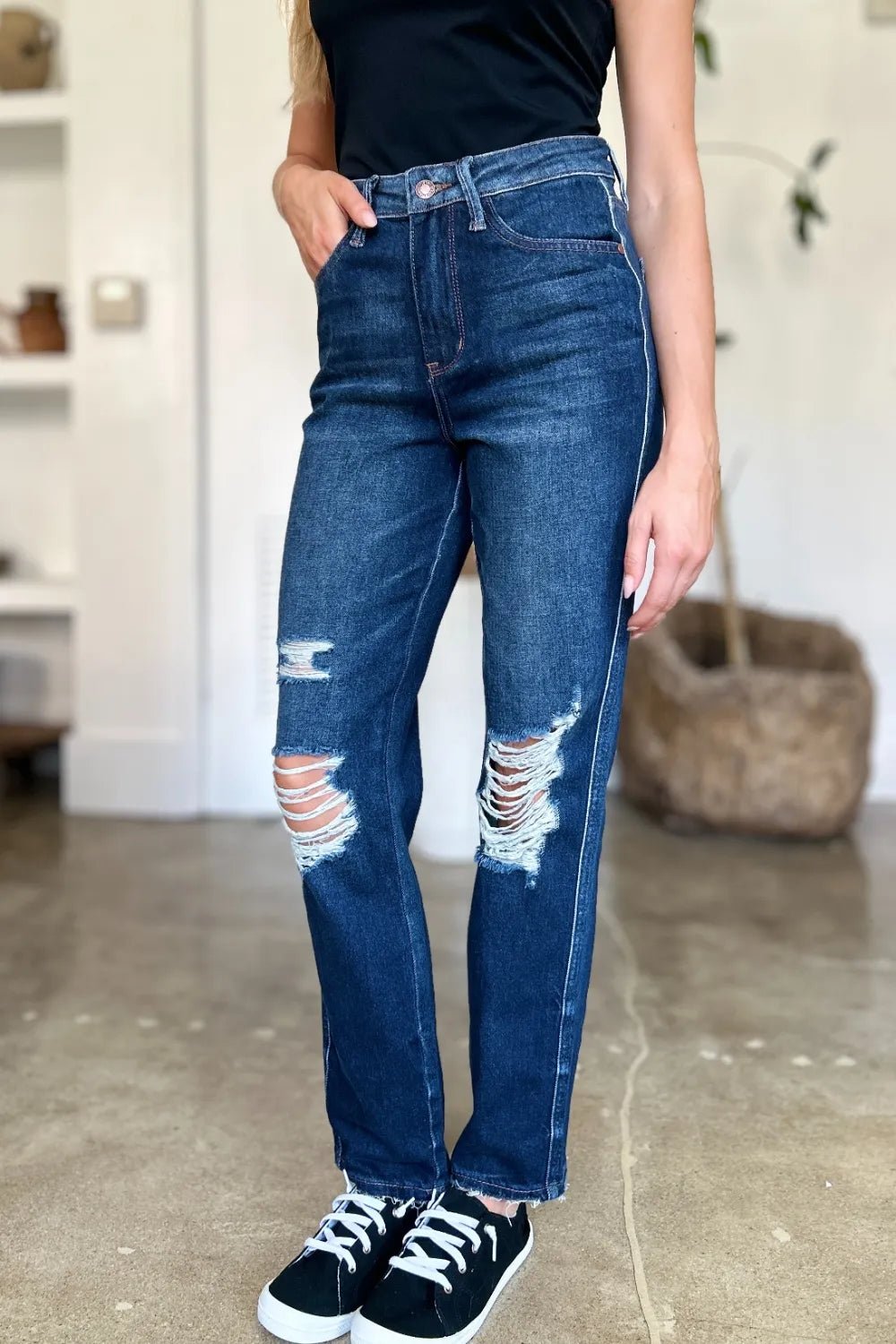 Judy Blue Full Size High Waist Rigid Magic Heavy Destroy Straight Jeans - Blu Lotus Boutique