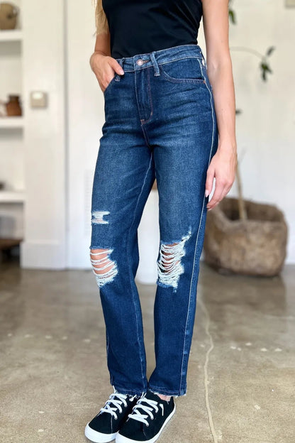 Judy Blue Full Size High Waist Rigid Magic Heavy Destroy Straight Jeans - Blu Lotus Boutique