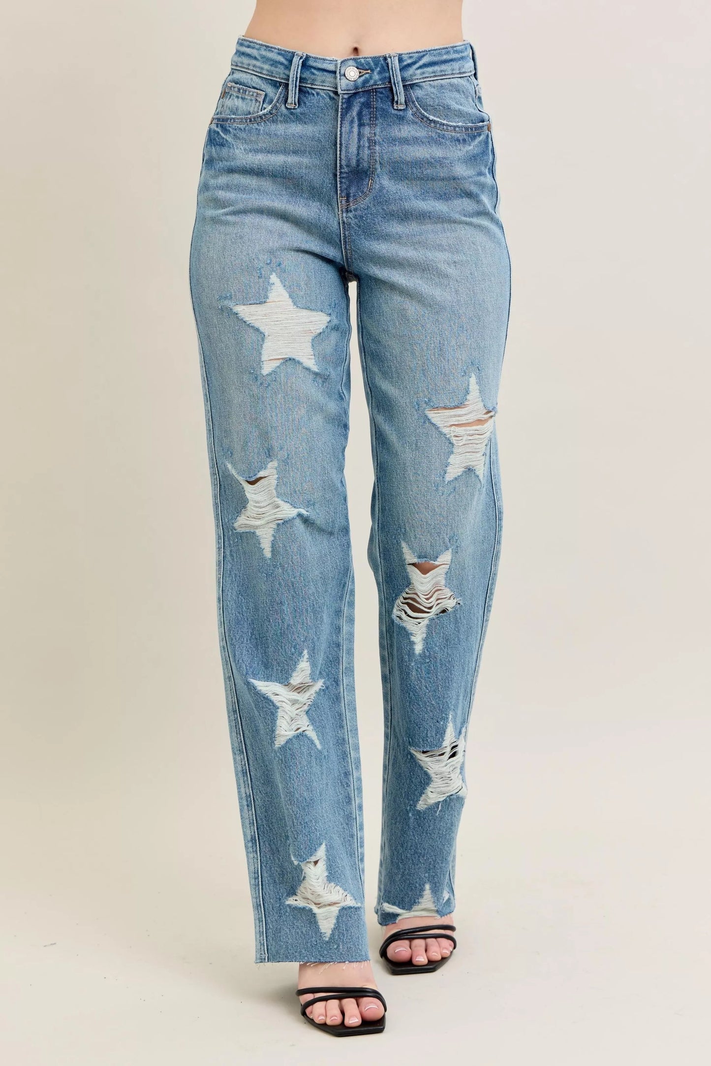 Judy Blue Full Size High Waist Rigid Magic Star Shaped Destroy 90's Straight Jeans Plus Size - Blu Lotus Boutique