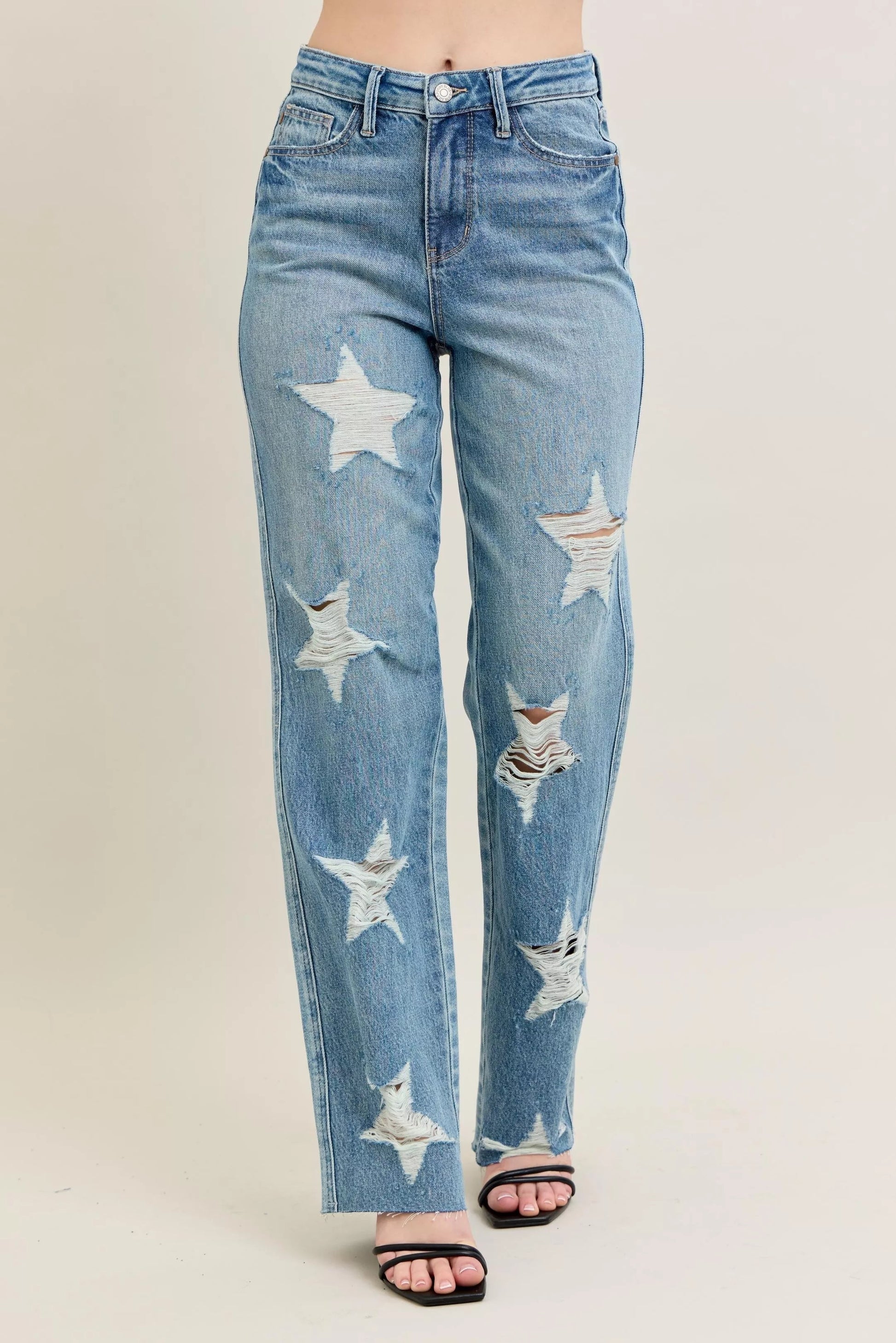 Judy Blue Full Size High Waist Rigid Magic Star Shaped Destroy 90's Straight Jeans Plus Size - Blu Lotus Boutique