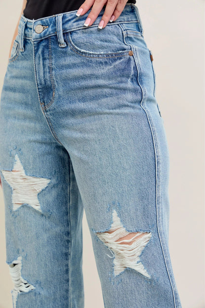 Judy Blue Full Size High Waist Rigid Magic Star Shaped Destroy 90's Straight Jeans Plus Size - Blu Lotus Boutique