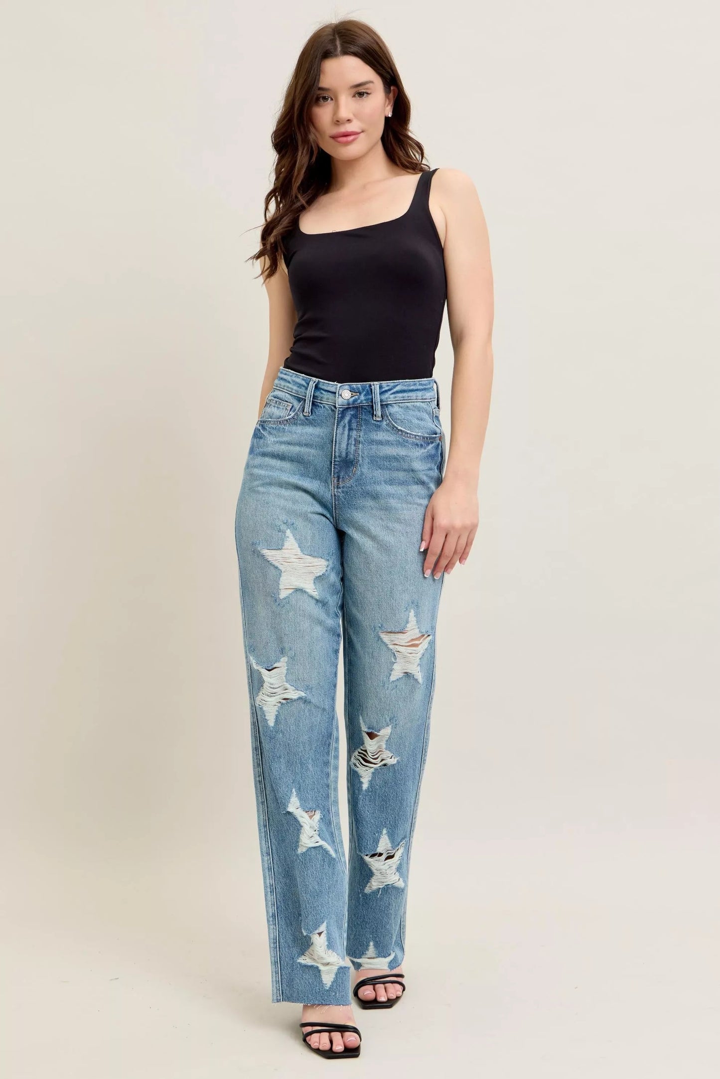Judy Blue Full Size High Waist Rigid Magic Star Shaped Destroy 90's Straight Jeans Plus Size - Blu Lotus Boutique
