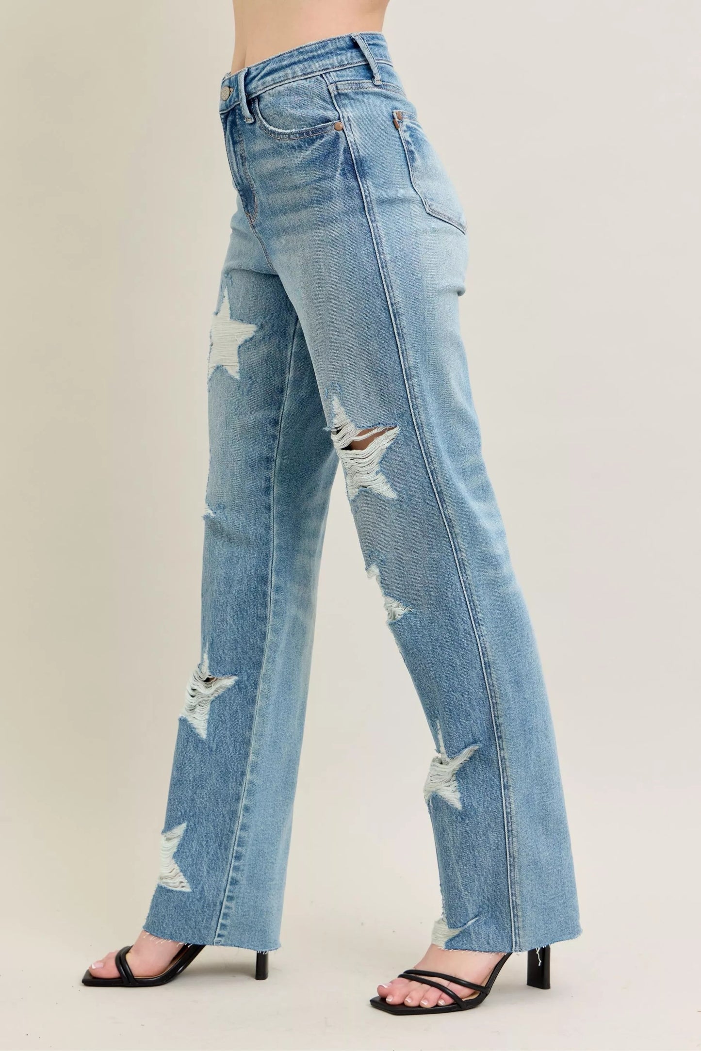 Judy Blue Full Size High Waist Rigid Magic Star Shaped Destroy 90's Straight Jeans Plus Size - Blu Lotus Boutique