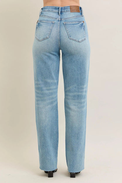 Judy Blue Full Size High Waist Rigid Magic Star Shaped Destroy 90's Straight Jeans Plus Size - Blu Lotus Boutique