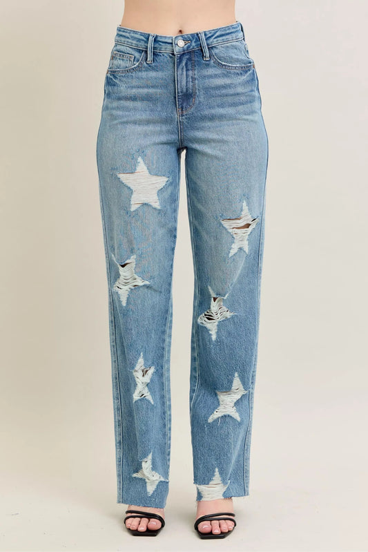 Judy Blue Full Size High Waist Rigid Magic Star Shaped Destroy 90's Straight Jeans Plus Size - Blu Lotus Boutique