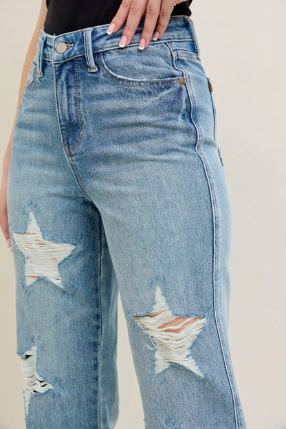 Judy Blue Full Size High Waist Rigid Magic Star Shaped Destroy 90's Straight Jeans Plus Size - Blu Lotus Boutique