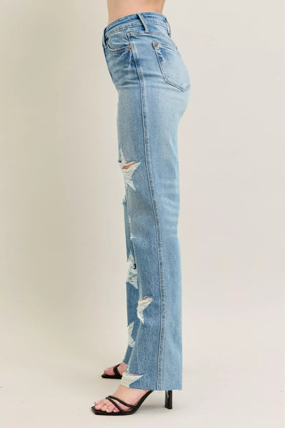 Judy Blue Full Size High Waist Rigid Magic Star Shaped Destroy 90's Straight Jeans Plus Size - Blu Lotus Boutique