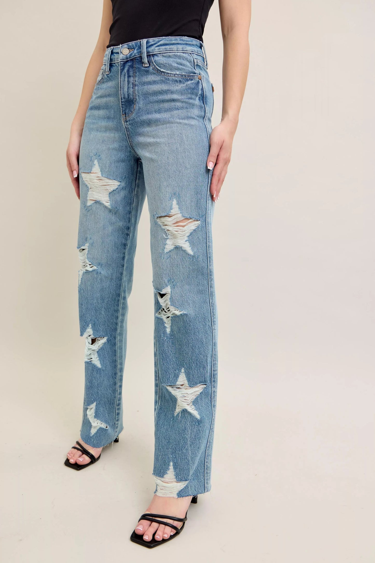 Judy Blue Full Size High Waist Rigid Magic Star Shaped Destroy 90's Straight Jeans Plus Size - Blu Lotus Boutique