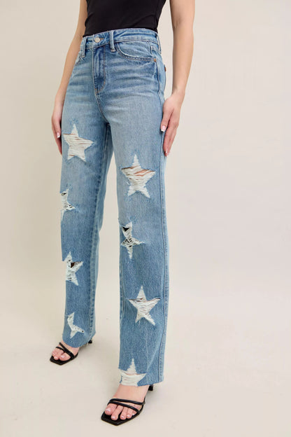 Judy Blue Full Size High Waist Rigid Magic Star Shaped Destroy 90's Straight Jeans Plus Size - Blu Lotus Boutique