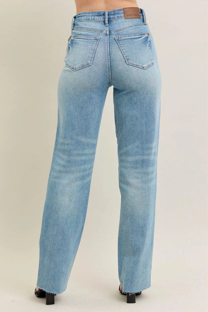 Judy Blue Full Size High Waist Rigid Magic Star Shaped Destroy 90's Straight Jeans Plus Size - Blu Lotus Boutique