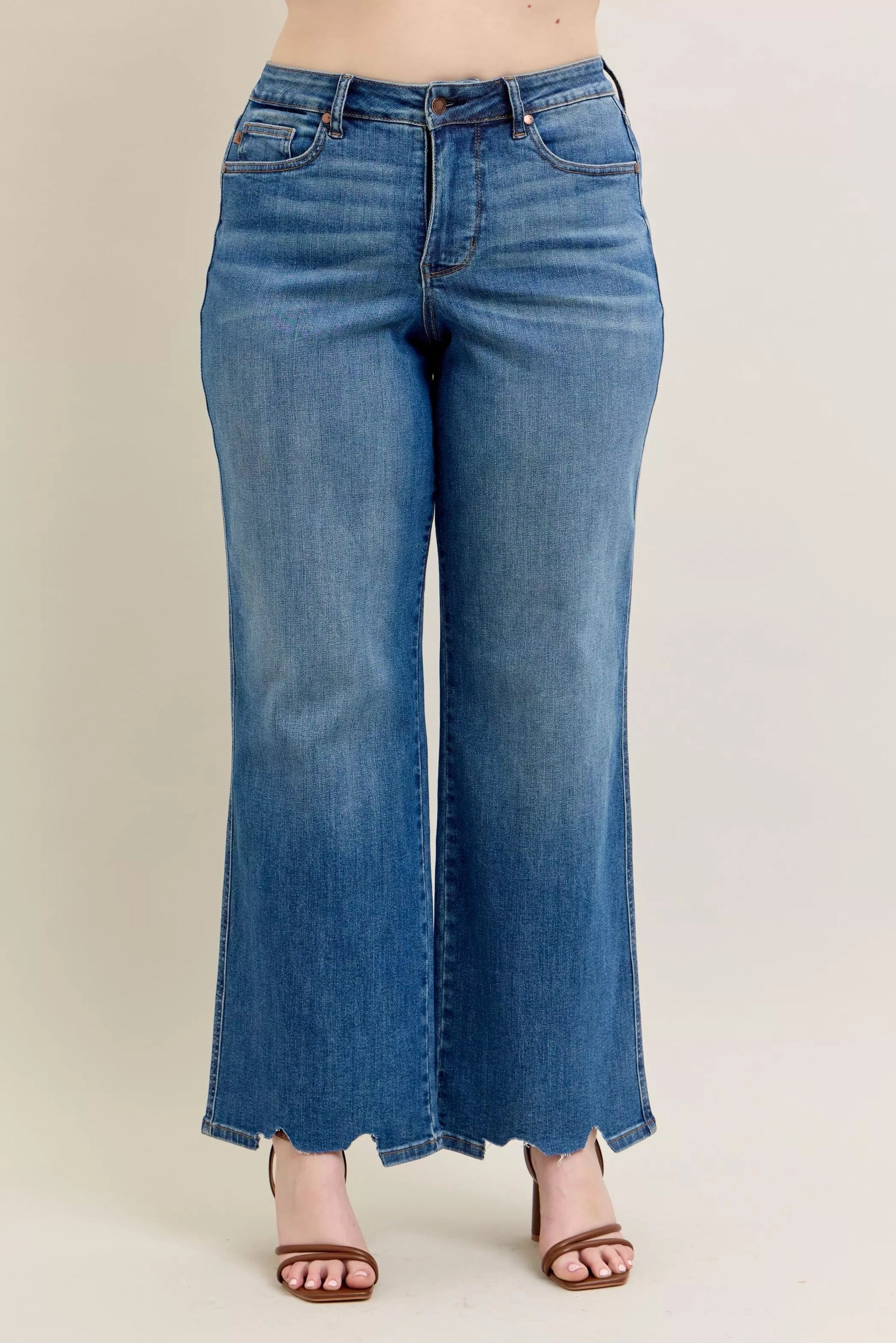 Judy Blue Full Size High Waist Tummy Control Chew Hem Destroy Wide Jeans Plus Size - Blu Lotus Boutique