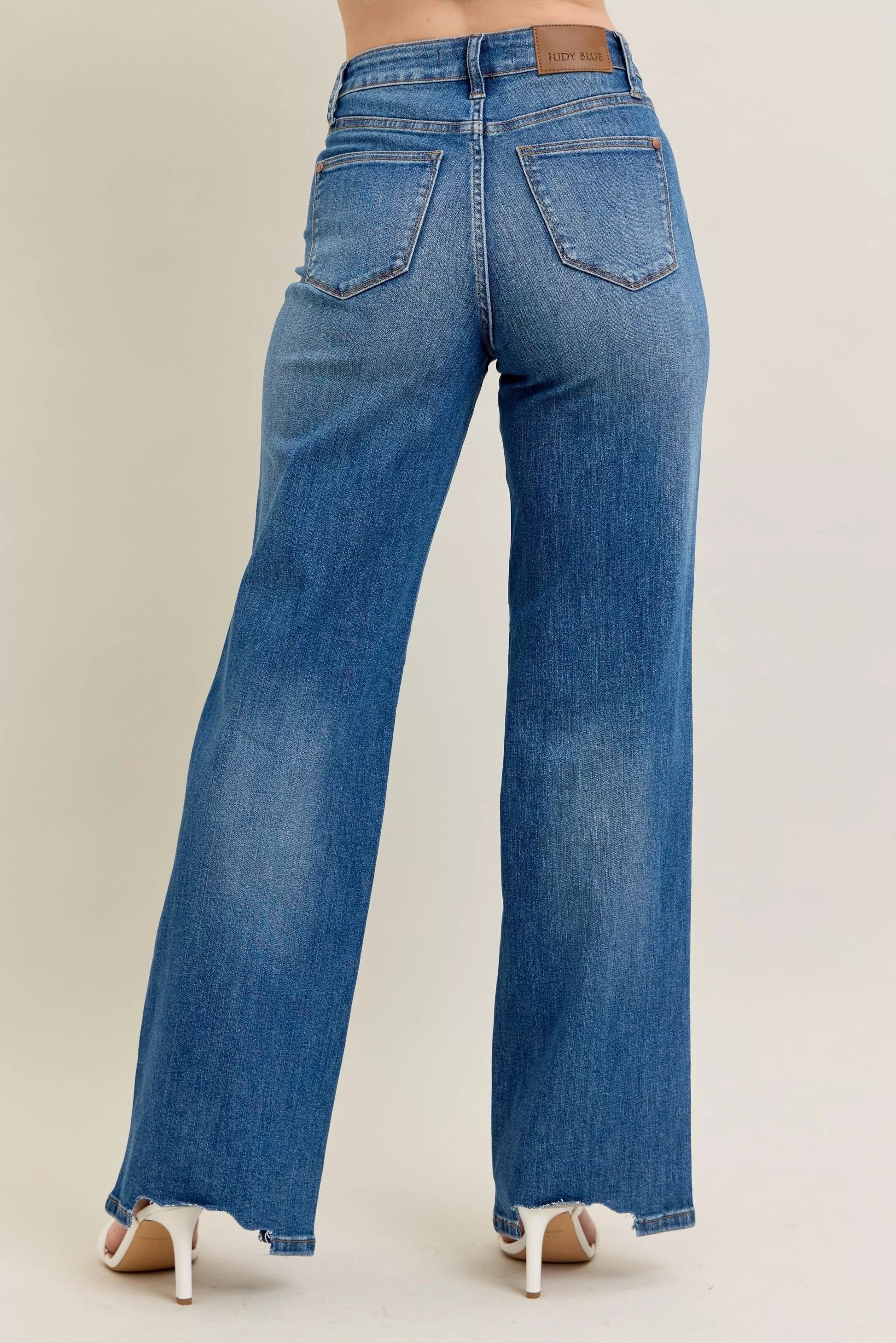 Judy Blue Full Size High Waist Tummy Control Chew Hem Destroy Wide Jeans Plus Size - Blu Lotus Boutique
