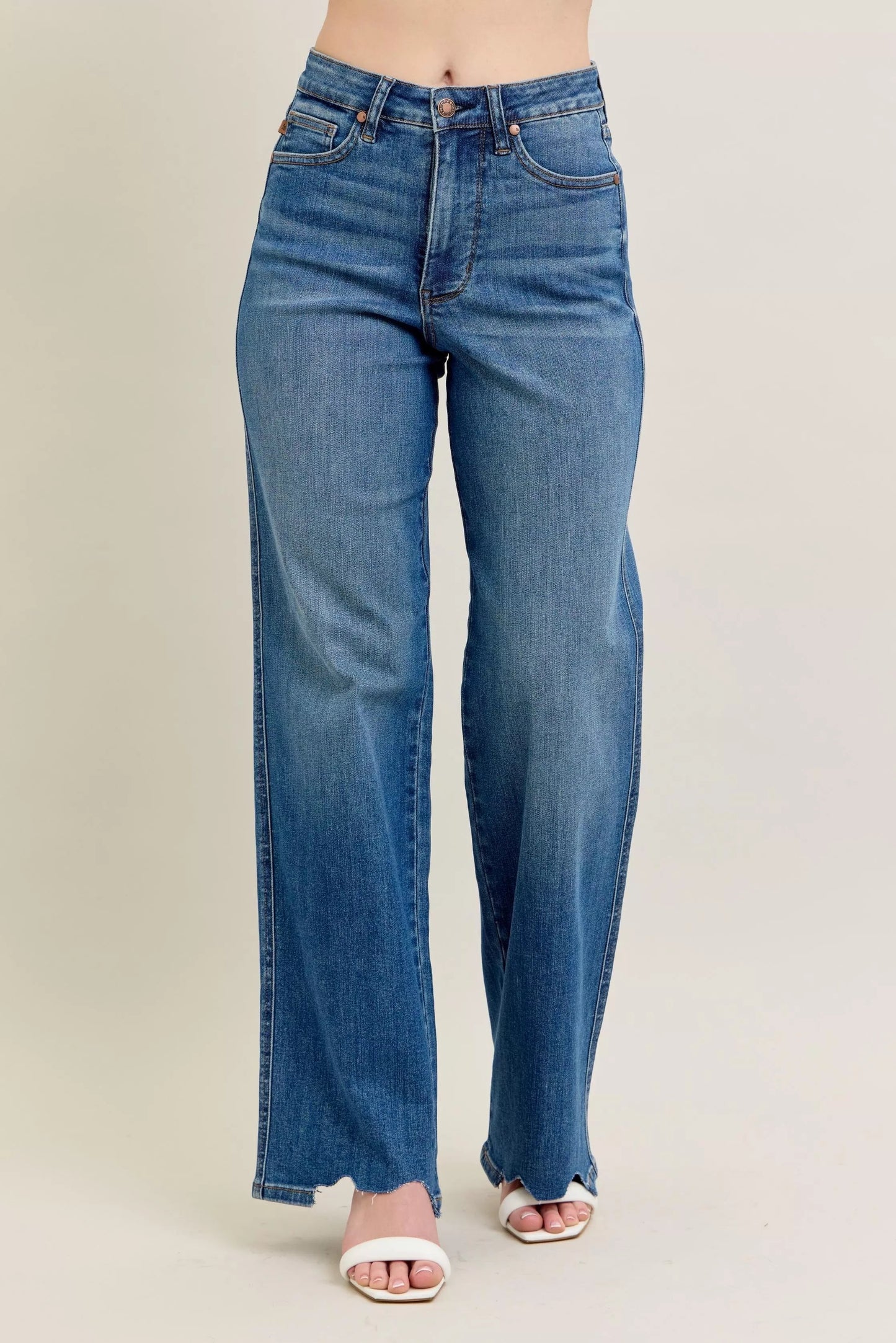 Judy Blue Full Size High Waist Tummy Control Chew Hem Destroy Wide Jeans Plus Size - Blu Lotus Boutique