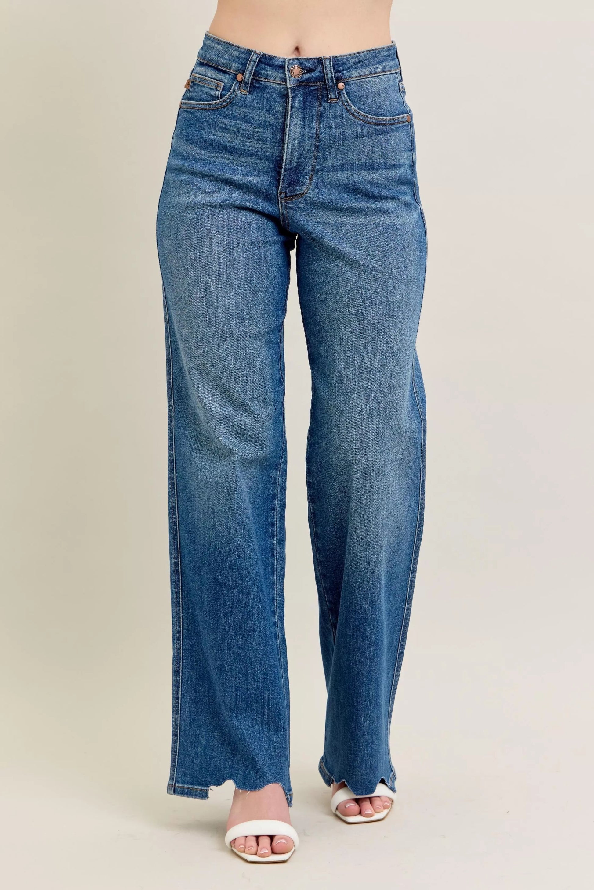 Judy Blue Full Size High Waist Tummy Control Chew Hem Destroy Wide Jeans Plus Size - Blu Lotus Boutique