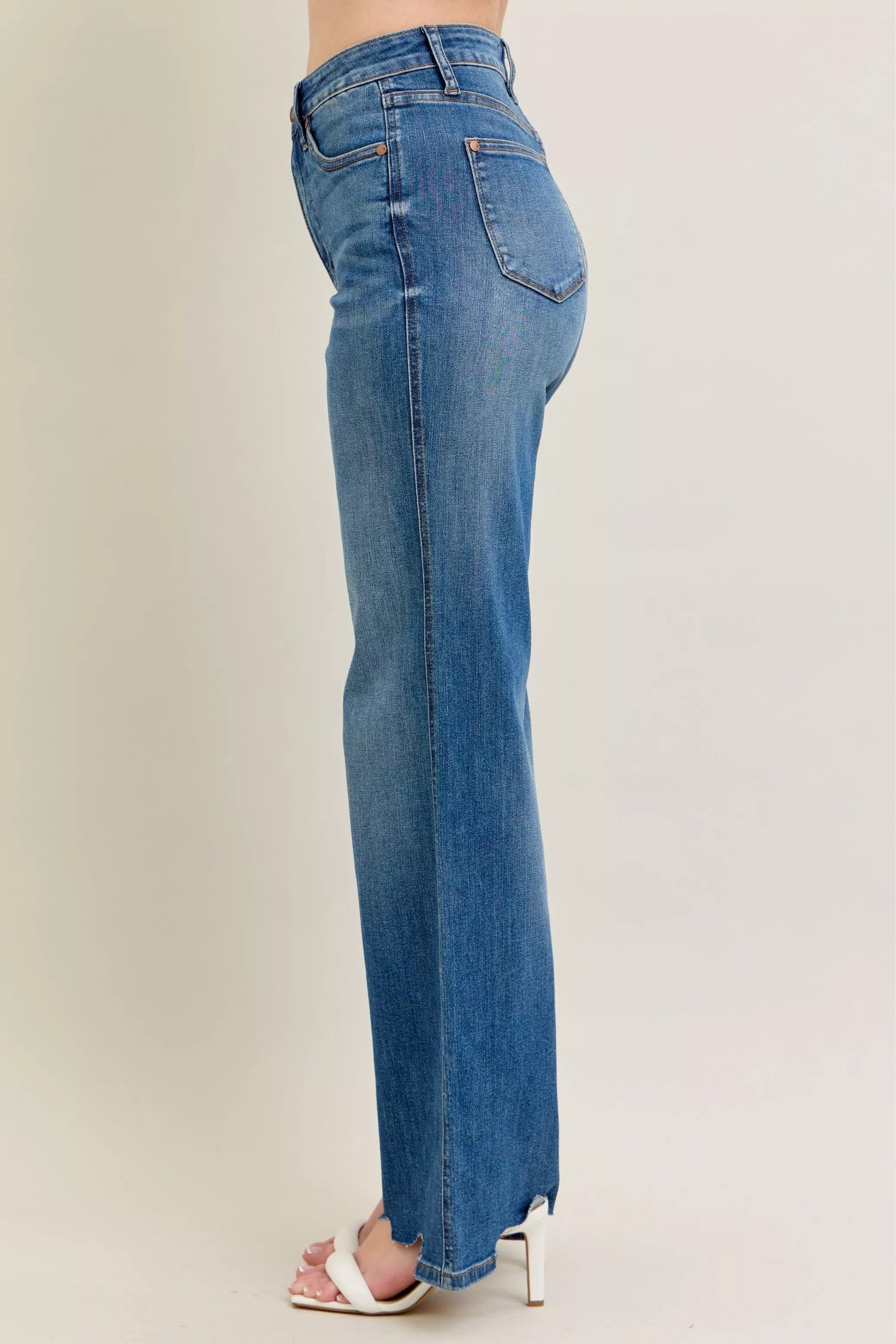 Judy Blue Full Size High Waist Tummy Control Chew Hem Destroy Wide Jeans Plus Size - Blu Lotus Boutique