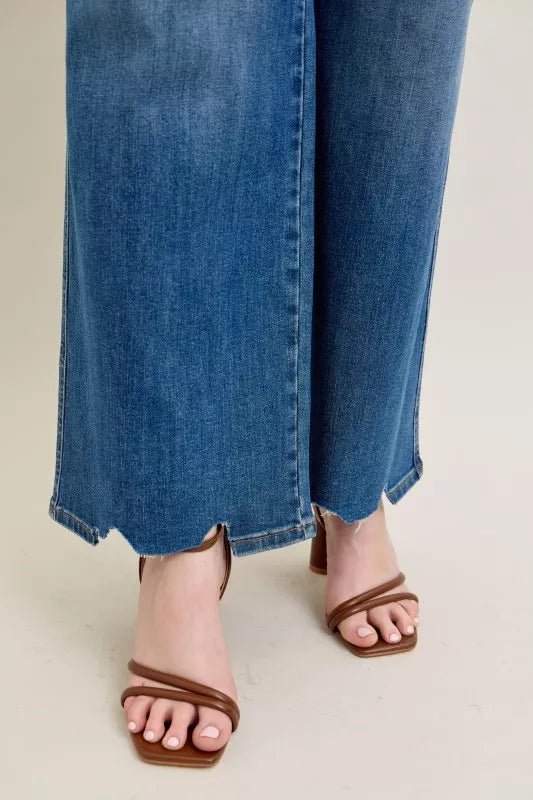 Judy Blue Full Size High Waist Tummy Control Chew Hem Destroy Wide Jeans Plus Size - Blu Lotus Boutique